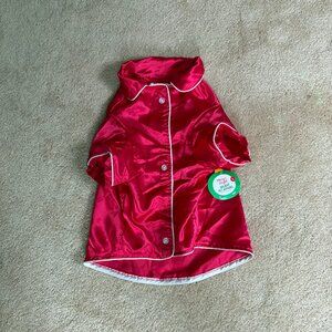 NWT Merry & Bright DOG christmas holiday red SATIN pajamas shirt LARGE